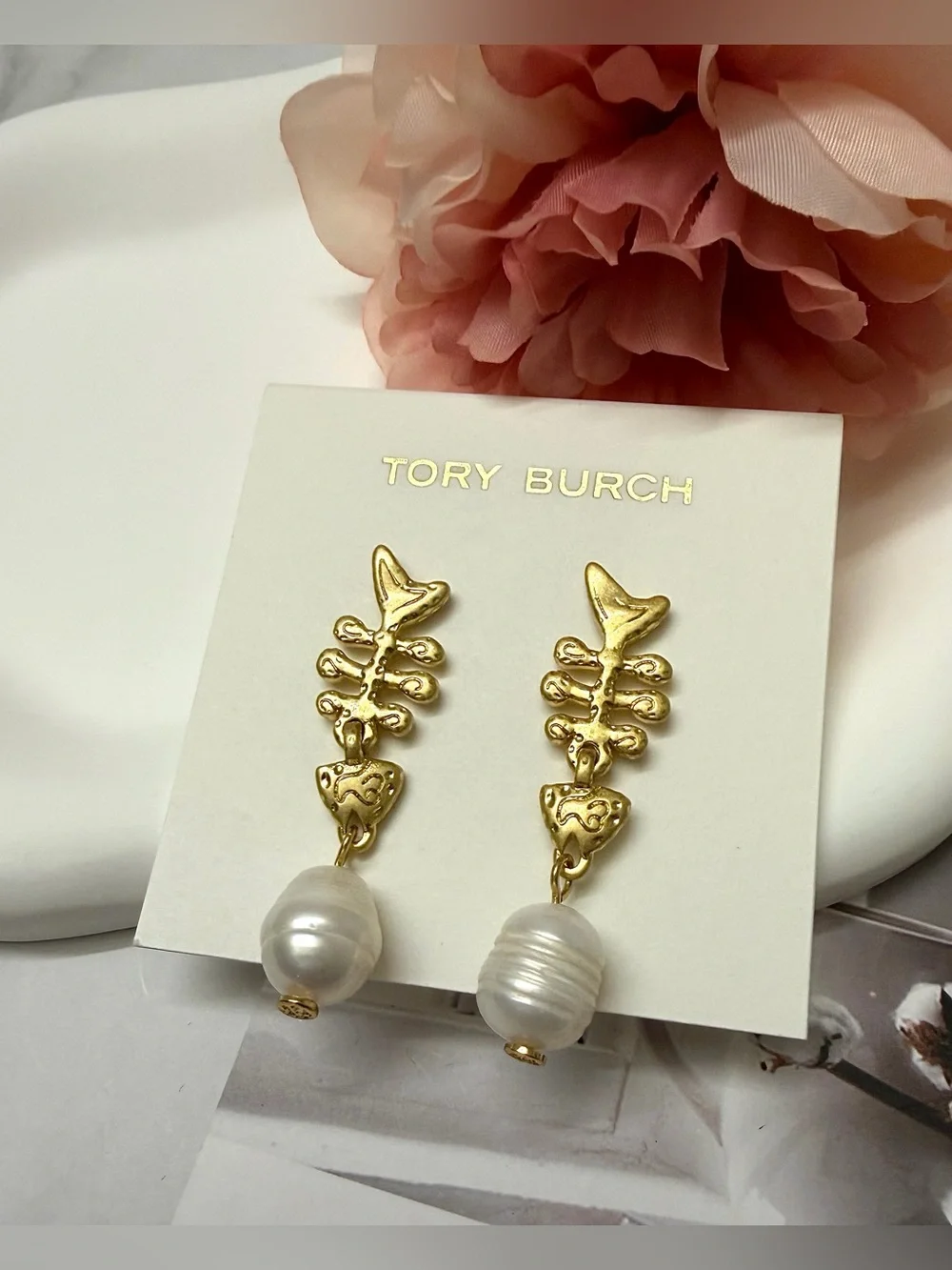 Tory Burch Gold-tone Drop Earrings with White Pearls